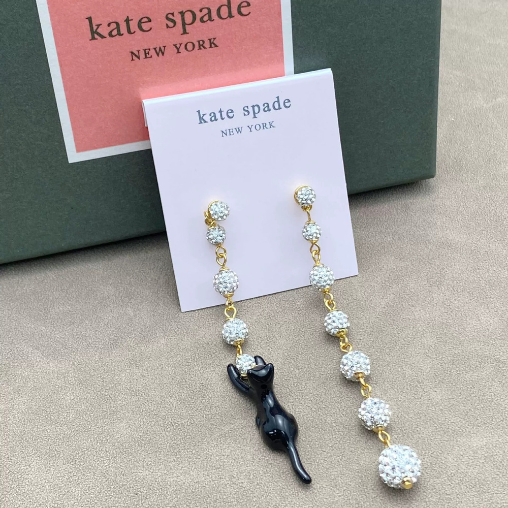 kate spade Full Diamond Enamel Cat Asymmetric Long Drop Earrings